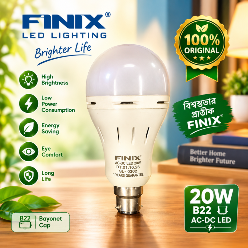 FINIX 20W AC DC LED Bulb - B22 Bayonet Cap Extra Bright Light (1 Year Guarantee