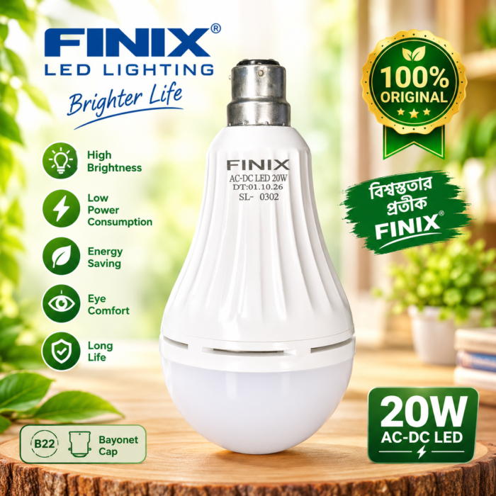 FINIX 20W AC DC LED Bulb - B22 Bayonet Cap Extra Bright Rechargeable Light