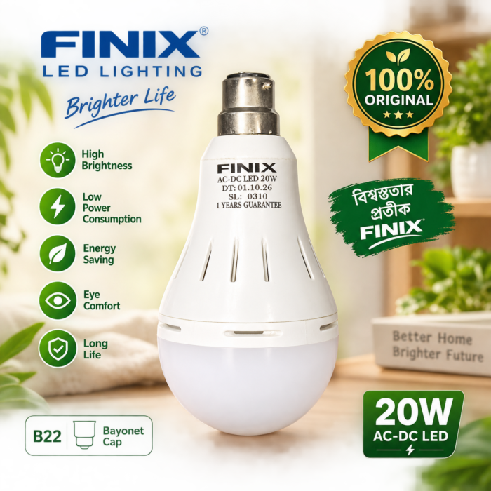 FINIX 20W AC DC LED Bulb - B22 Bayonet Cap Extra Bright Light (1 Year Guarantee